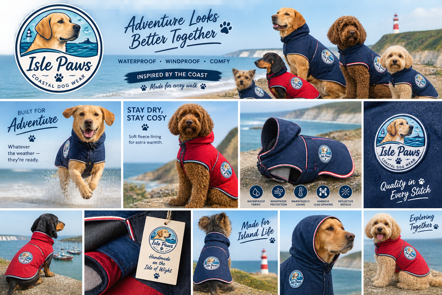 Dogs wearing Isle Paws coastal dogwear